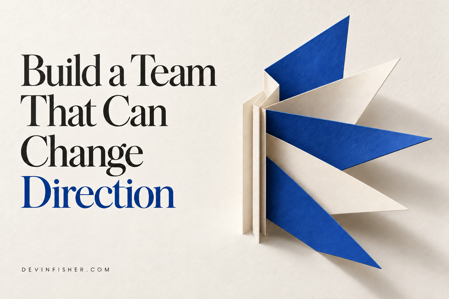 Ivory and cobalt paper structures connect around a continuous core, illustrating a team built to change direction.