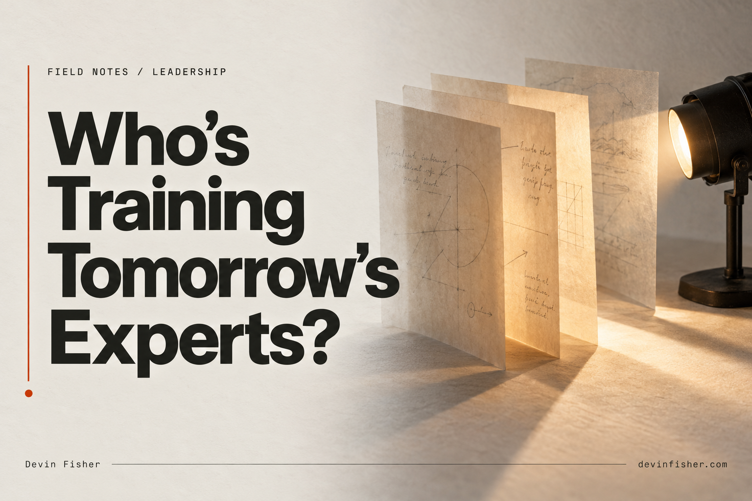 Studio light illuminates layered translucent sheets beside the headline Who’s Training Tomorrow’s Experts?, representing knowledge passed forward.